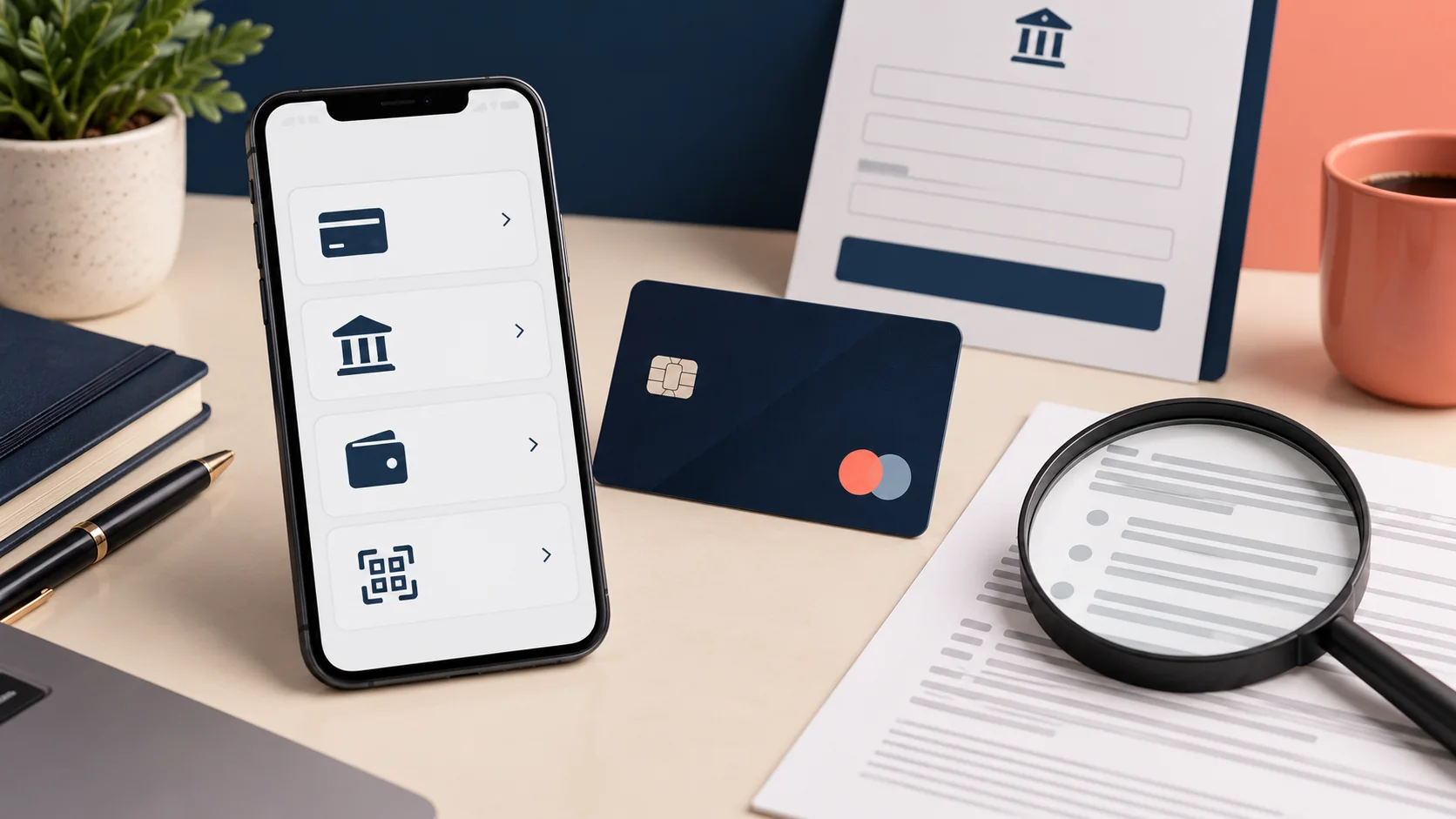 Kart, banka ve dijital ödeme kanallarının koşullarını incelemeyi simgeleyen görsel